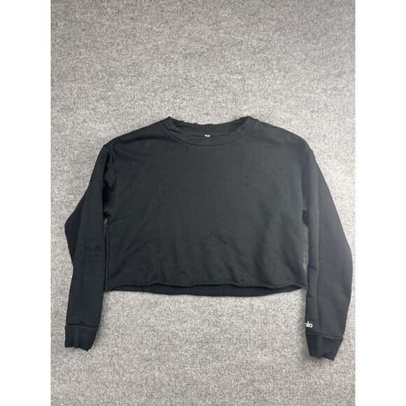 Alo Pullover Sweater Womens Small Distressed Crop Crewneck Long Sleeve Yoga Top - Picture 1 of 10